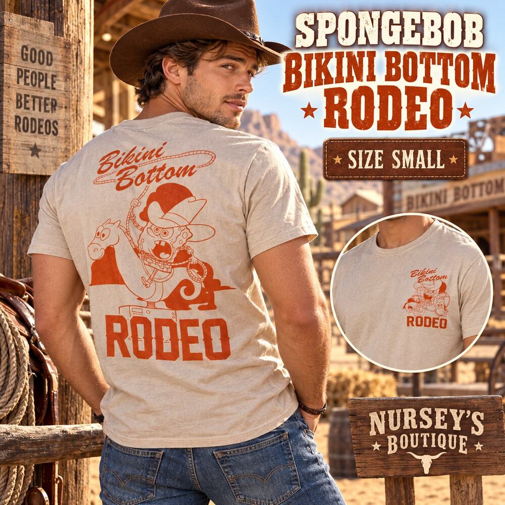 SpongeBob Bikini Bottom Rodeo Cowboy Graphic T Shirt Beige Size Small